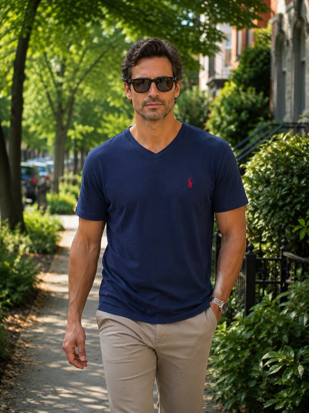Polo Ralph Lauren Navy V-Neck 100% Cotton Pony Logo T-Shirt Men's Large
